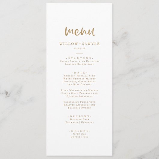 Menu du dîner Mariage Rustic Gold Script (Devant)