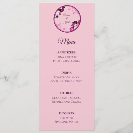 Menu du Mariage à anneaux florales pourpre (Devant)