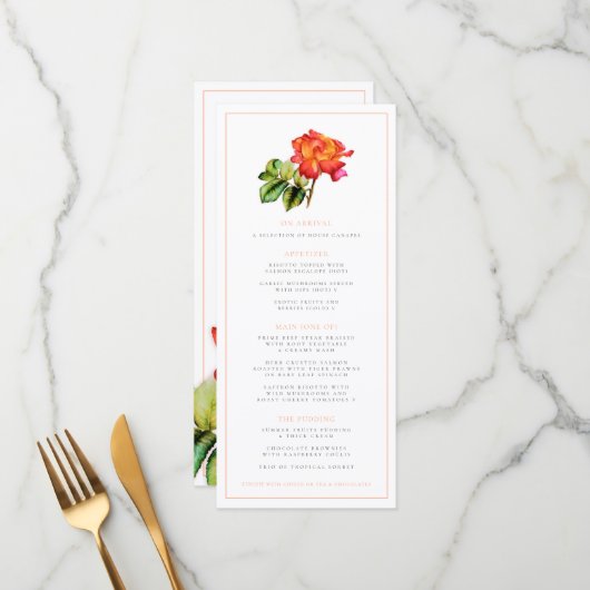 Menu du mariage à l'aquarelle orange rose de thé h (Devant/Arrière en situation)