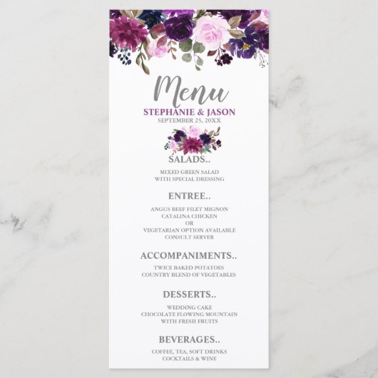 Menu du Mariage Boho Floral Lavender violet (Devant)