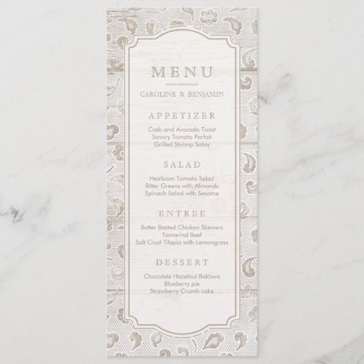 Menu du mariage campagnard rustique en dentelle bl (Devant)