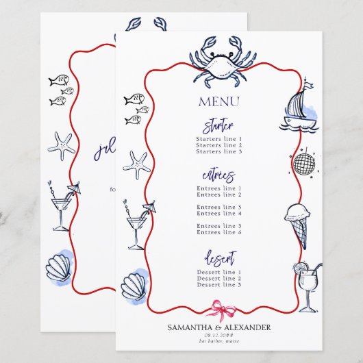 Menu du Mariage côtier de la plage de Doodle Crabe (Devant / Derrière)