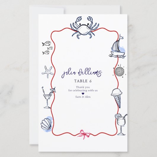 Menu du Mariage côtier de la plage de Doodle Crabe (Dos)