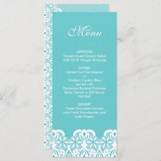 Menu du Mariage de dentelle Turquoise Tiffany (Devant / Derrière)
