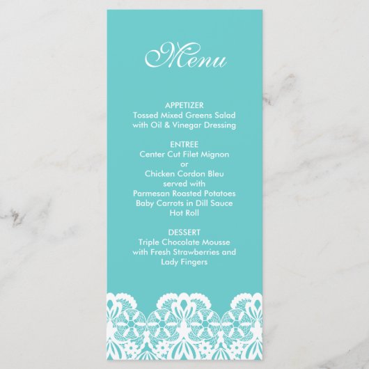 Menu du Mariage de dentelle Turquoise Tiffany (Devant)