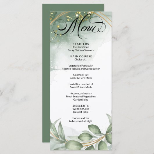 Menu du Mariage de feuillage moderne Vert Or (Devant / Derrière)