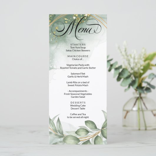 Menu du Mariage de feuillage moderne Vert Or (Debout devant)