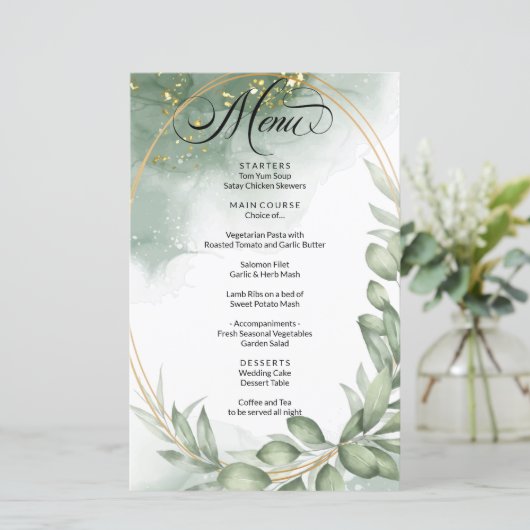 Menu du Mariage de feuillage moderne Vert Or (Debout devant)