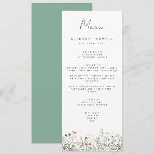 Menu du Mariage de prairie fleur sauvage (Devant / Derrière)