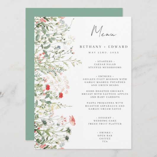Menu du Mariage de prairie fleur sauvage (Devant / Derrière)