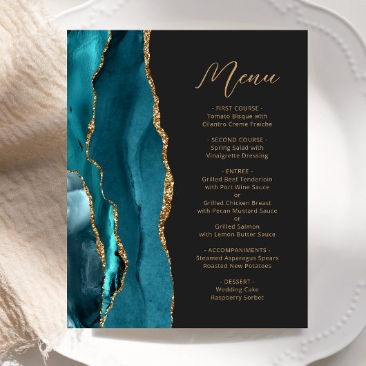 Menu du Mariage de script d'Agate d'or bleu Turquo