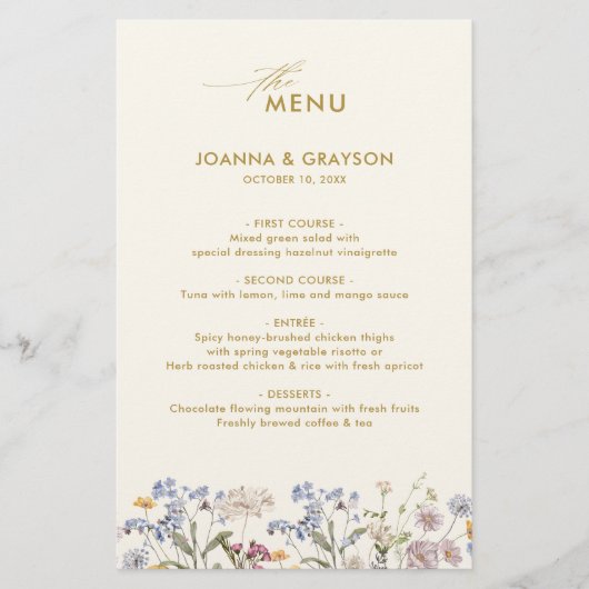 Menu du Mariage du Fleur sauvage de printemps colo (Devant)