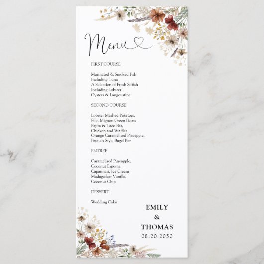 Menu du Mariage du minuscule Fleur sauvage (Devant)