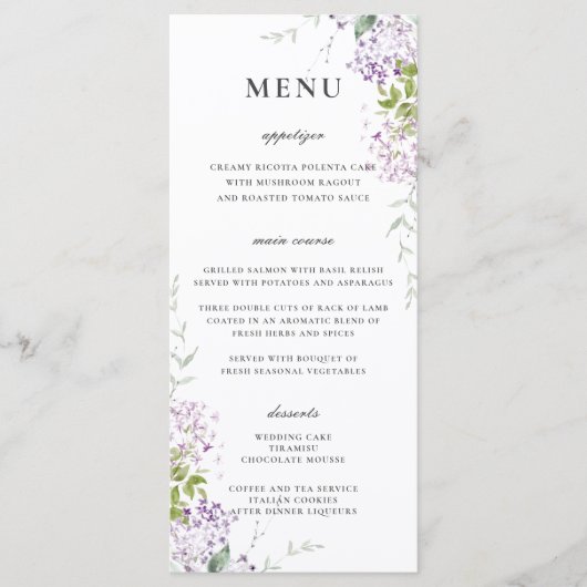 Menu du Mariage Lilac Purple Floral (Devant)
