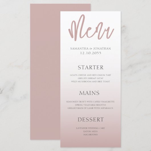 Menu du Mariage or Rose moderne simple  (Devant / Derrière)