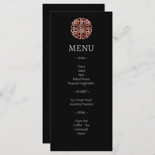 Menu du Mariage Rose noir Gold Dara Celtic Knot (Devant / Derrière)