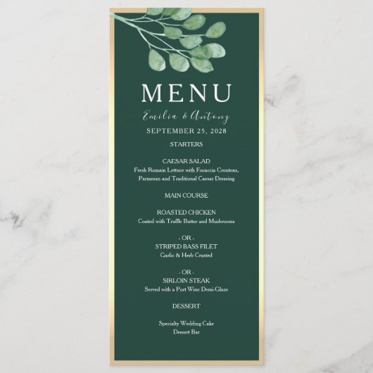 Menu du Mariage végétal Emerald Green (Devant)
