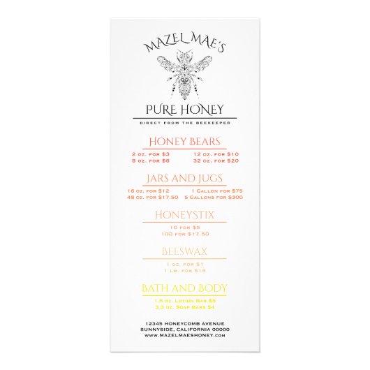 Menu du miel de la ruche personnalisée (Devant)