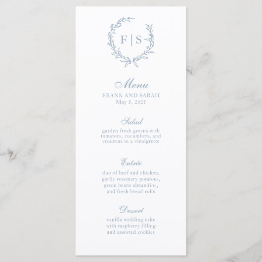 Menu du monogramme de fil bleu ardoise traditionne (Devant)