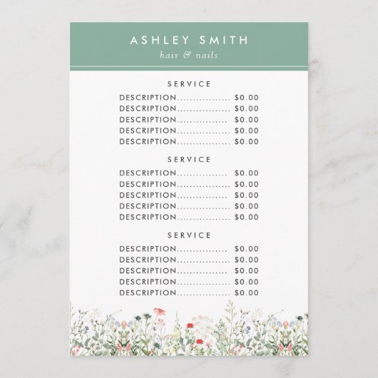 Menu du prix du champ fleur sauvage (Dos)