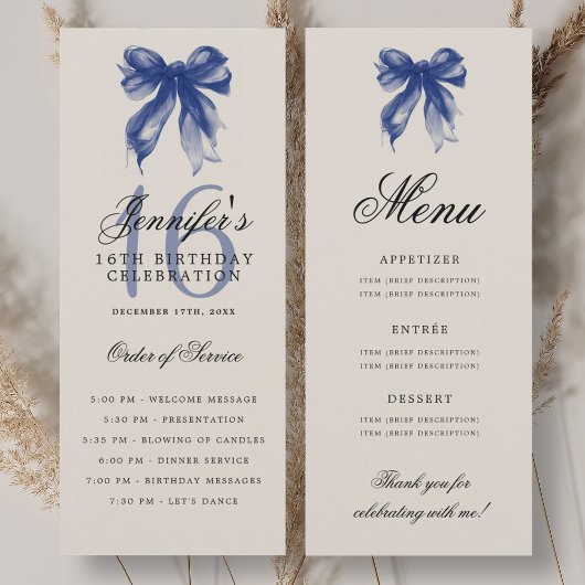 Menu du programme d'anniversaire 16 ans Bleu Nuit
