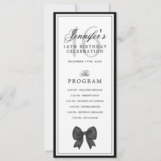Menu du programme de 16e anniversaire au nœud noir (Devant)