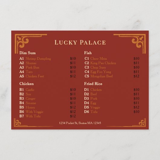 Menu du restaurant chinois à bordure dorée Red Fla (Dos)