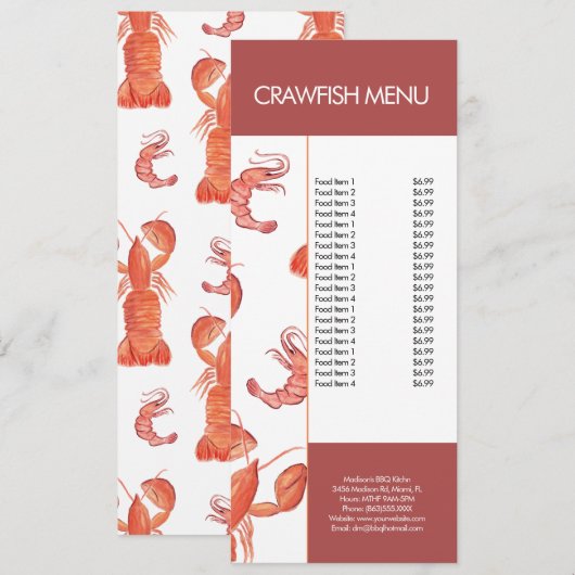 Menu du restaurant de fruits de mer et d'écrevisse (Devant / Derrière)