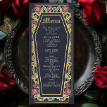 Menu du Rose de café gothique Mariage bleu<br><div class="desc">Ajoutez une touche d'élégance gothique à votre festin avec ces menus mariages à la structure en forme de cercueil, ornés d'épines, de roses et d'accents dorés contre un arrière - plan bleu profond. Parfait pour un dîner romantique ! Personnalisez le texte, la police et la couleur arrière - plan en...</div>