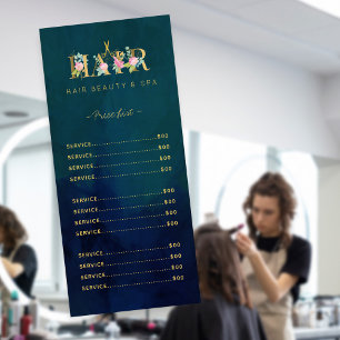 Menu du service d'or marine du salon de coiffure d