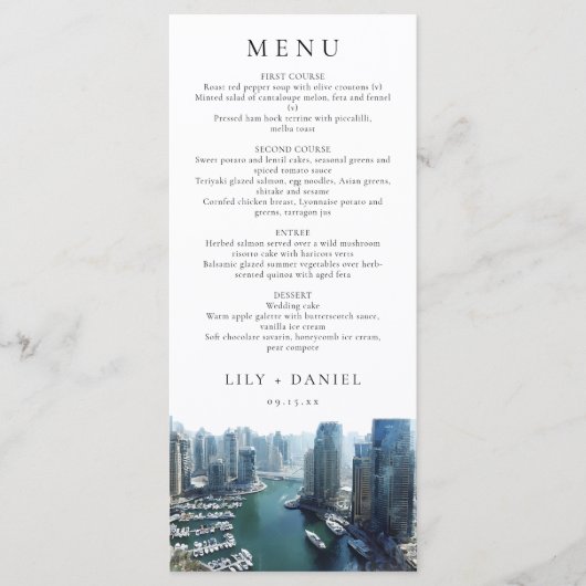 Menu Dubai Skyline Aquarelle Élégant Mariage (Devant)