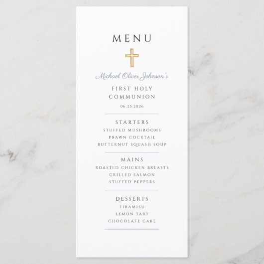Menu Dusty Blue Boy First Communion (Devant)