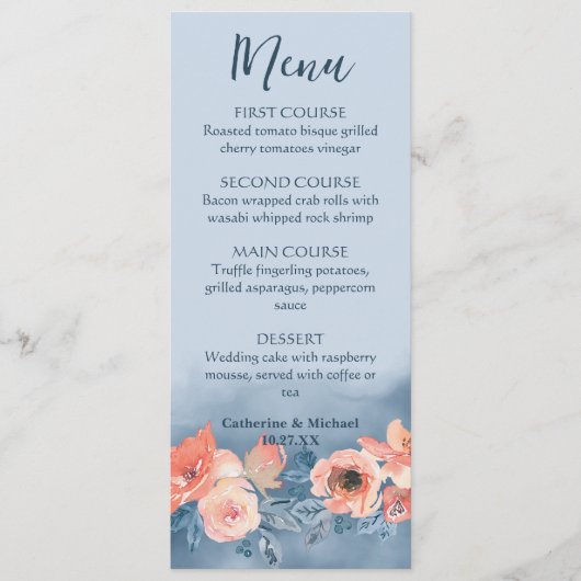 Menu Dusty Blue & Coral Rose Aquarelle Mariage Floral (Devant)