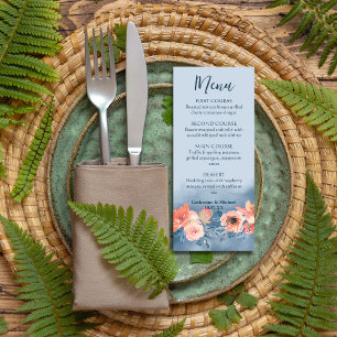 Menu Dusty Blue & Coral Rose Aquarelle Mariage Floral