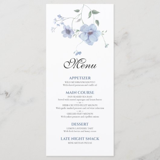 Menu Dusty Blue Elegant Watercolor Floral Wedding (Devant)