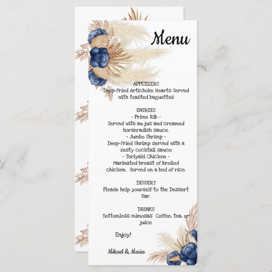Menu Dusty Blue en Pampas Floral Vrijgezellenfeest (Voorkant / Achterkant)