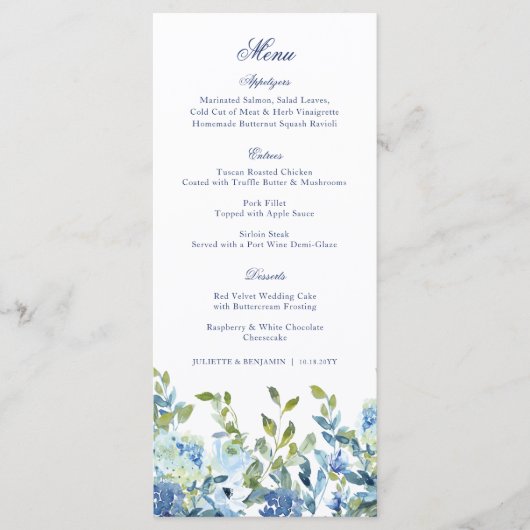 Menu Dusty Blue et Navy Floral Wedding Réception (Devant)