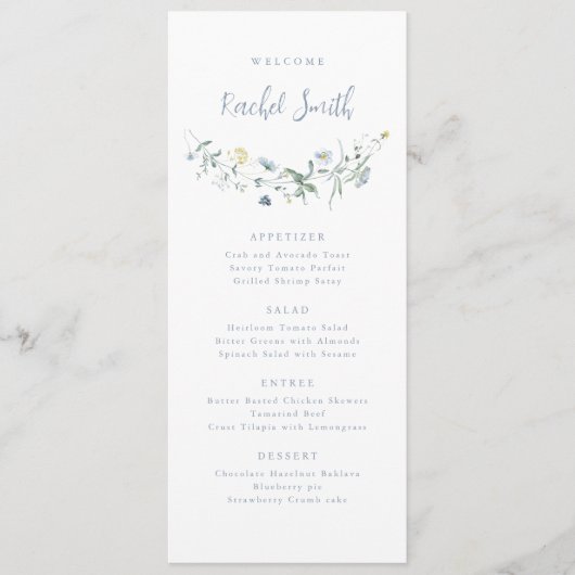 Menu Dusty Blue Fleur sauvage Boho Mariage Nom d'hôte (Devant)