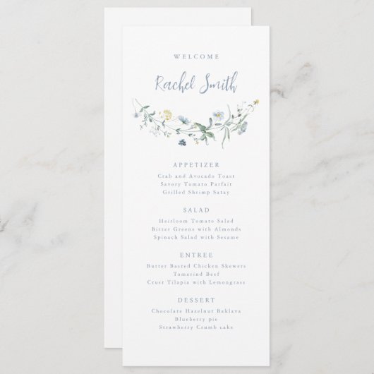 Menu Dusty Blue Fleur sauvage Boho Mariage Nom d'hôte (Devant / Derrière)