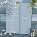 Menu Dusty Blue Floral Greenery Monogram Dîner Mariage<br><div class="desc">Cet élégant menu de mariages feuille à la verdure fleurie bleu poussiéreux peut être personnalisé avec vos informations en typographie chic avec vos initiales monogrammes au verso. Conçu par Thisisnotme©</div>