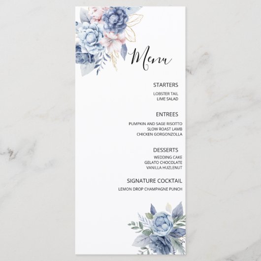Menu Dusty Blue Floral Mariage (Devant)
