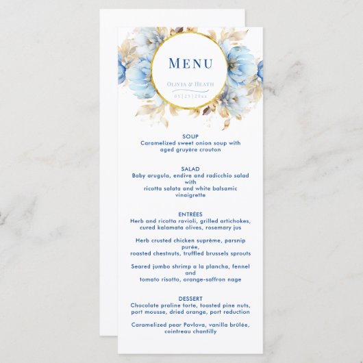 Menu Dusty Blue Floral Mariage or (Devant / Derrière)