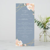Menu Dusty Blue Floral Peach Gold Mariage Réception (Debout devant)