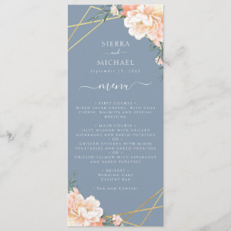 Menu Dusty Blue Floral Peach Gold Mariage Réception