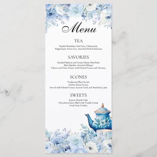 Menu Dusty Blue Floral Tea Party (Devant)