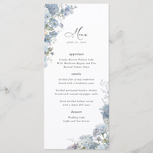 Menu Dusty Blue Floral Wedding Reception Dinner (Devant)
