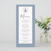 Menu Dusty Blue gris argent, thème nautique mariage (Debout devant)