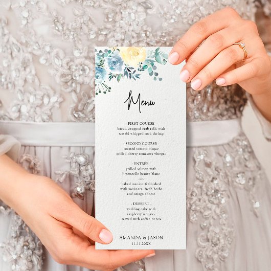 Menu Dusty Blue Ivory Floral Greenery Wedding