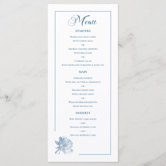 Menu Dusty Blue Line Art Rose Dinner Details Wedding (Devant)