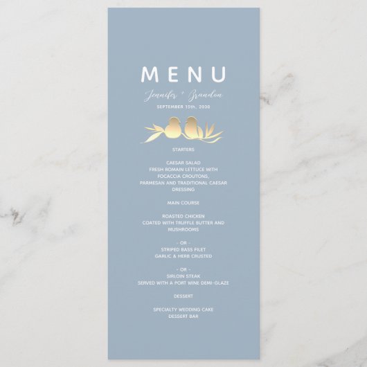 Menu Dusty Blue Lovebirds Wedding (Devant)